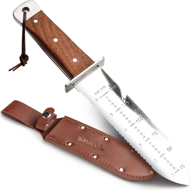 SHALL Hori Hori, Japanese Garden Knife, Soil Knife with Leather Sheath, Rosewood Handle & Hide Rope, 7” Stainless Steel Blade, Rope Cutting Edge, for Digging, Weeding, Planting, Full-Tang - Image 1